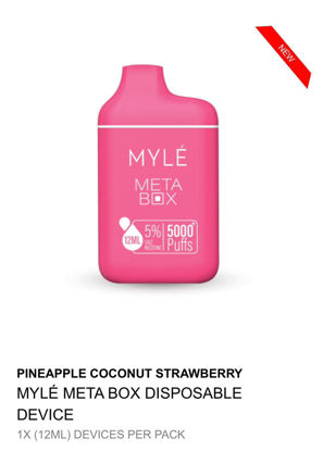 MYLE META BOX DISPOSABLE DEVICE 5000 PUFFS PINEAPPLE COCONUT STRAWBERRY